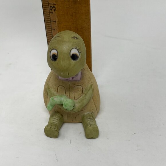 Vintage Ceramic Turtle Figurine Holding Green Worm Caterpillar Sitting Up Friend - Picture 6 of 7
